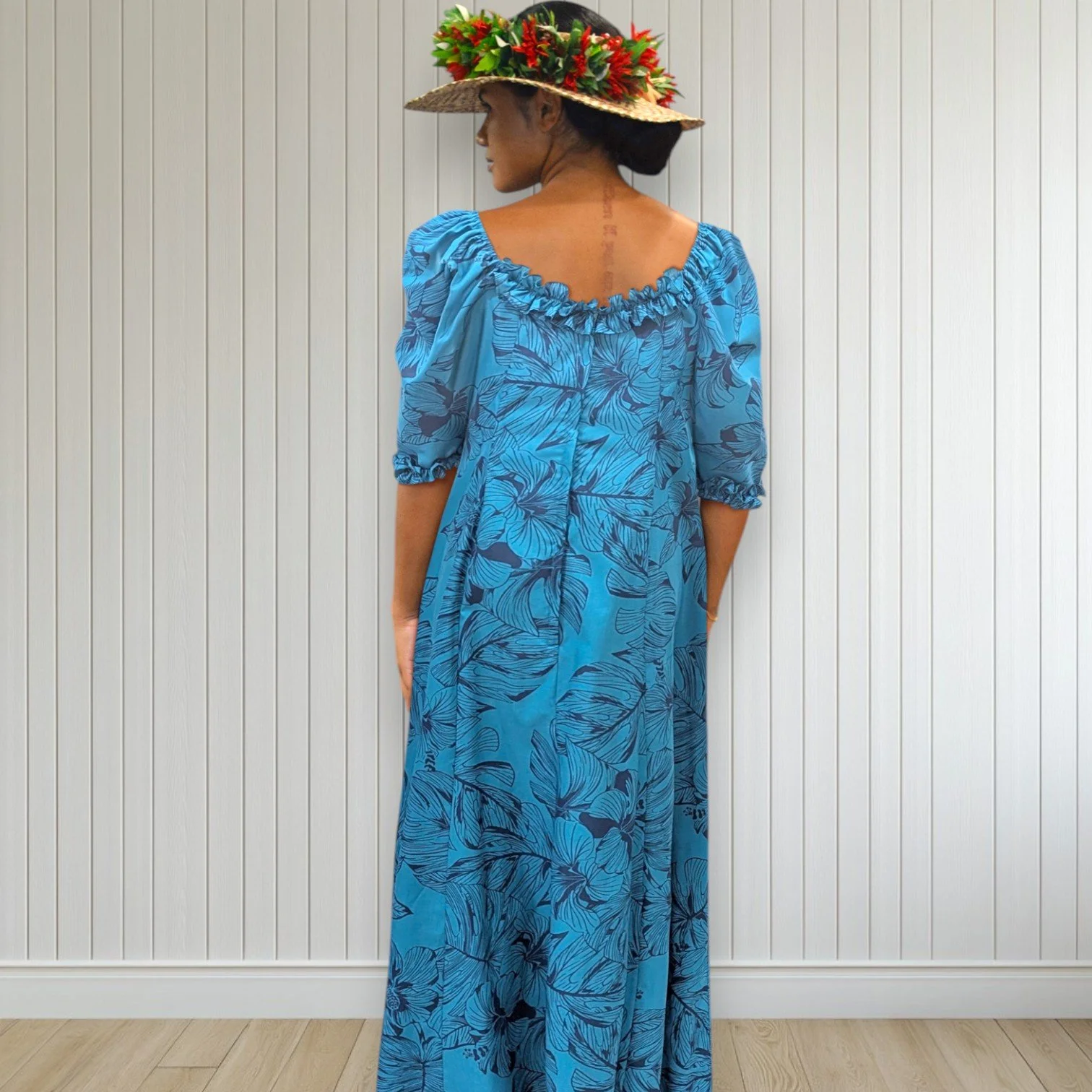 Purple Palaka Half Sleeve Muumuu with Elegant Lace Trim 8891